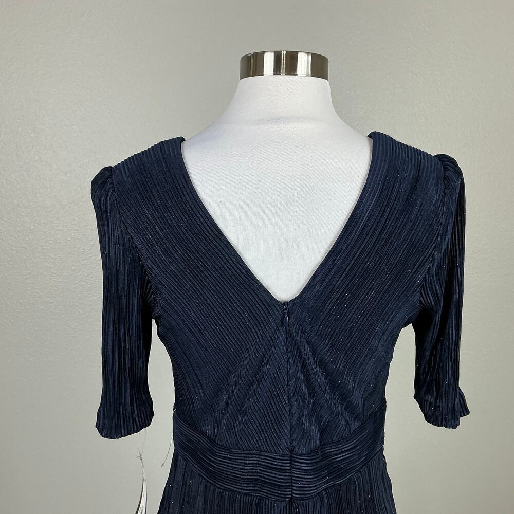 XSCAPE Pleated Sparkly Chiffon Midi Sheath Cocktail Dress Navy Blue Size 8 - Picture 10 of 13